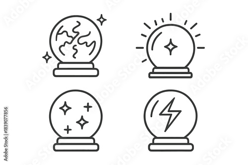 Four crystal ball icons featuring magic symbols and electric lightning