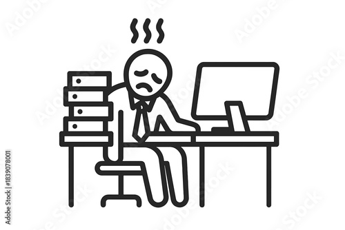 Exhausted employee slumped over desk with large stack of documents