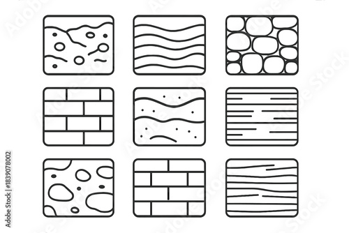 Nine surface texture icons for stone wood and brick patterns