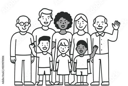 Diverse group portrait of happy multi-generational family members waving