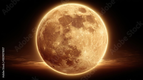 Full moon glows brightly in dark night sky large lunar sphere dominates vast expanse above horizon