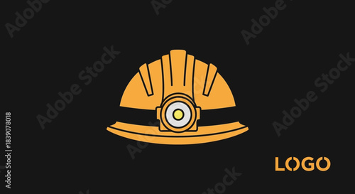 A yellow hard hat with a bright headlamp on a dark background, representing safety and industry.