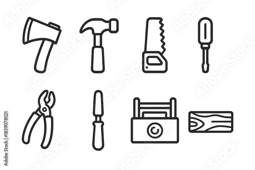Basic carpentry and construction hand tool outline icons set