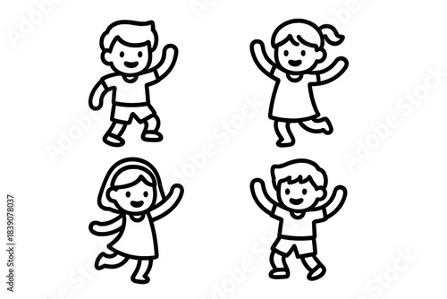 Four cheerful children icons waving and jumping in simple outline style