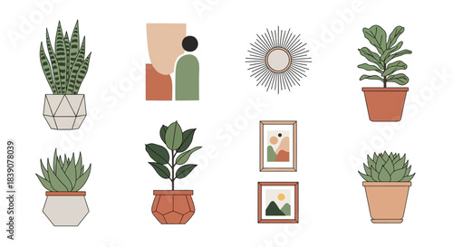 Collection of modern minimalist illustrations featuring houseplants, abstract wall art, and a sunburst mirror, perfect for home decor.