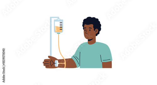 A man receiving an intravenous drip in his arm, illustrating medical treatment or therapy.