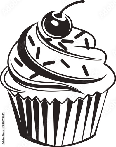 A simple silhouette of a chocolate cupcake on a white background