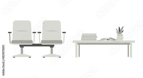 Minimalist illustration of a waiting room with two chairs and a table with books and a plant.