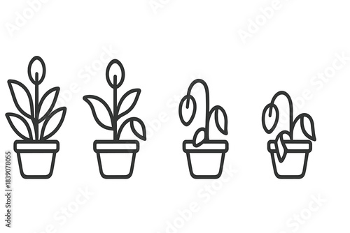 Potted houseplant condition icons depicting healthy and wilting growth stages