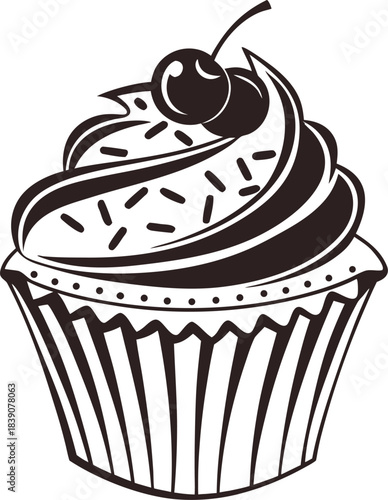 Simple black silhouette of a chocolate cupcake icon on a white background