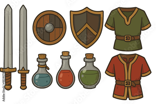 Fantasy role-playing game equipment icons featuring swords shields potions and tunics