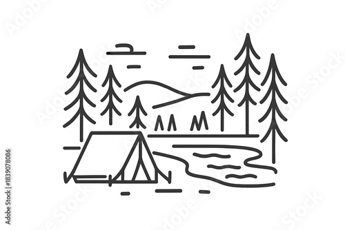 Minimalist line art camping scene featuring tent and pine trees