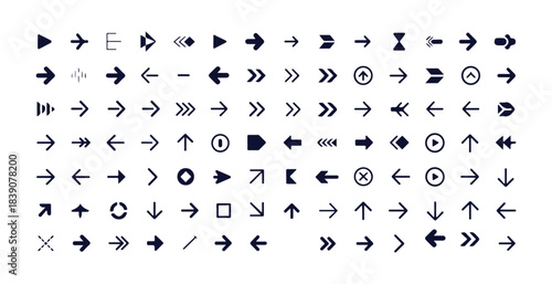 Set of black universal arrows collection, various shapes pointer signs, web and app interface symbols