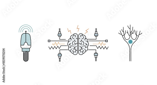 Line art illustration depicting a wireless sensor, a brain connected to technology, and a neuron cell, representing neuroscience and technology concepts.