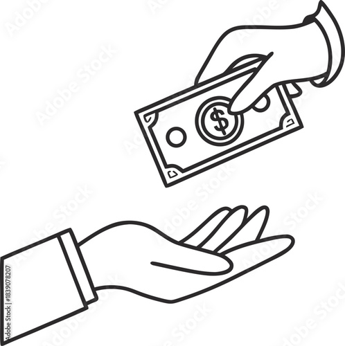 Simple outline of a hand receiving money icon on white background