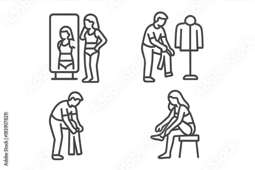Set of icons representing people changing garments in a fitting room setting