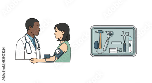 A doctor measures a patient's blood pressure while a tray of medical instruments is shown separately.