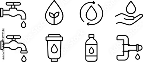 Water faucet and filtration icons set. Drops, taps, eco water filters, plumbing outline symbols