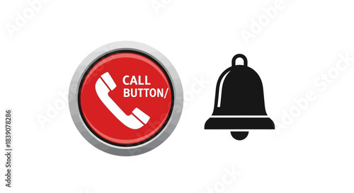 Red call button with a telephone icon and a black notification bell icon on a white background.