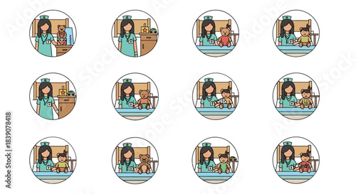 Cartoon nurse caring for children and teddy bears in a hospital setting, depicted in a series of twelve circular icons.