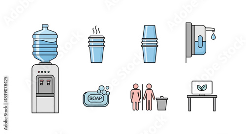 Collection of icons representing various amenities and facilities commonly found in public spaces and offices.