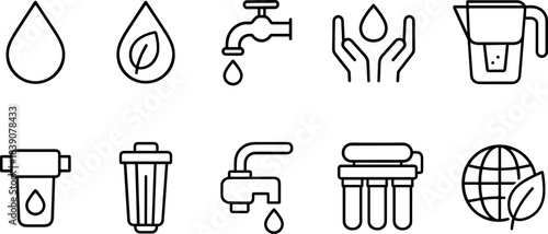 Water faucet and filtration icons set. Drops, taps, eco water filters, plumbing outline symbols