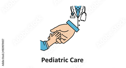 A doctor's hand gently holding a child's hand, symbolizing pediatric care and medical support for children.