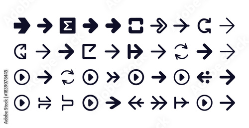 Set of black arrows isolated on white background depicting a variety of directions and movements
