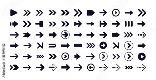 Set of black universal multiple arrows collection, various shapes pointer signs, web and app interface symbols