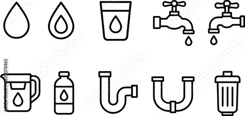 Water faucet and filtration icons set. Drops, taps, eco water filters, plumbing outline symbols