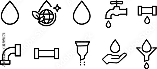 Water faucet and filtration icons set. Drops, taps, eco water filters, plumbing outline symbols