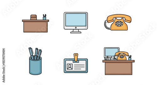 A collection of six flat design icons representing office supplies and equipment, including a desk, computer, telephone, pen holder, and ID badge.