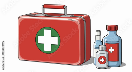 A red first aid kit with a white cross symbol on a green circle, alongside several bottles of medical supplies.