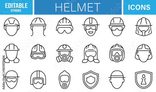 Stylish Minimal Icons for Protective Headgear Featuring Hardhats, Face Shields, Respirator Masks, and Industrial Safety Tools
