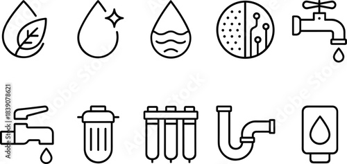 Water faucet and filtration icons set. Drops, taps, eco water filters, plumbing outline symbols