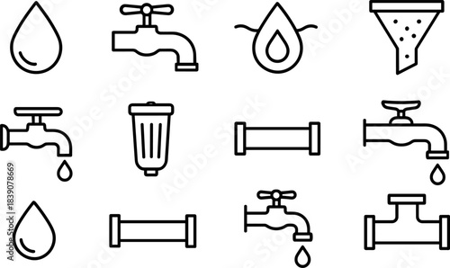 Water faucet and filtration icons set. Drops, taps, eco water filters, plumbing outline symbols