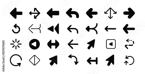 Collection of modern black arrow icons set for web design user interface and navigation purposes
