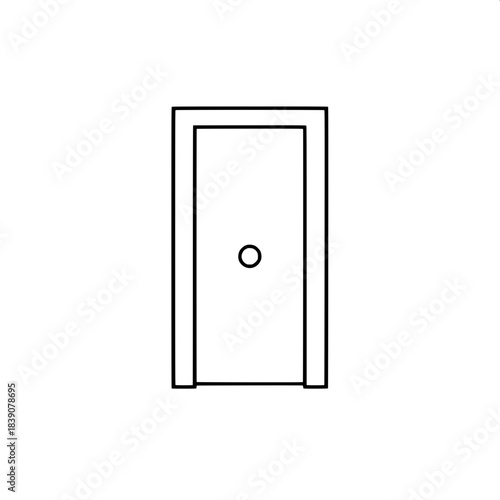 “A minimalist black-and-white illustration of a closed “A simple, modern line-art depiction of a front-facing door, black silhouette with white border, white round doorknob, centered on a blank white 