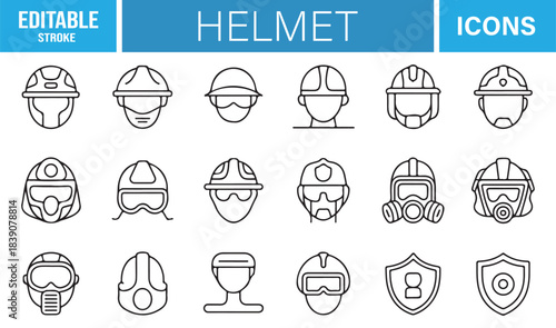 Modern Outline Helmet Icon Pack Featuring Construction Hardhats, Safety Masks, Goggles, Shields, and Protective Gear Symbols