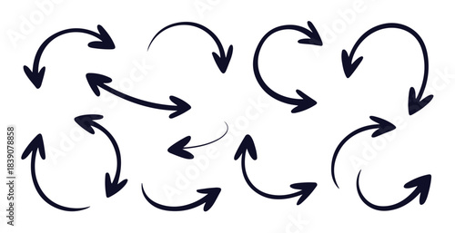 Set of hand drawn doodle arrows isolated on white background indicating various directions and shapes