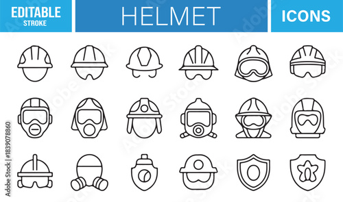 Minimal Line Icons of Safety Helmets, Respirator Masks, Goggles, Shields, Worker Gear, and Industrial Protection Equipment