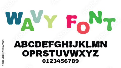 Colorful wavy font vector art with playful rounded letters, black uppercase alphabet and numbers set on white background in bold quirky style for kids designs