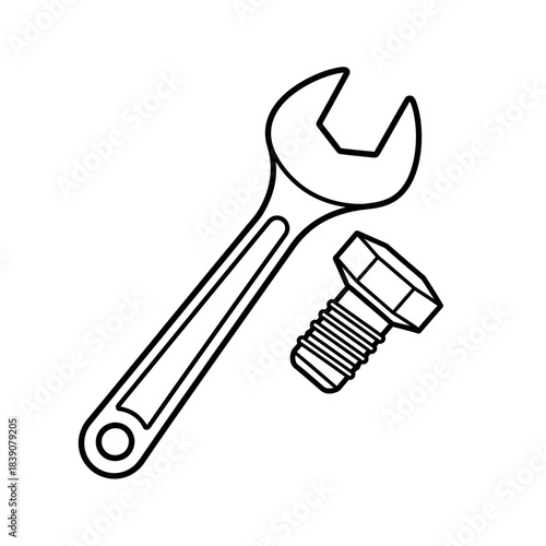 An illustration of a wrench and a bolt on a plain white background viewed from a slight angle