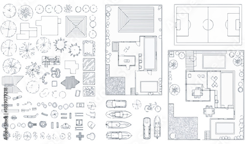 Set of Top View Architectural and Landscape Design Symbols Vector Collection for Plan Drawing