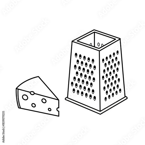 Illustration of a cheese grater and a piece of cheese on a white background
