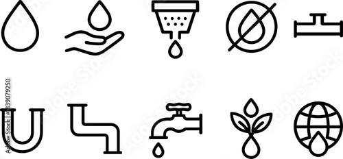 Water faucet and filtration icons set. Drops, taps, eco water filters, plumbing outline symbols