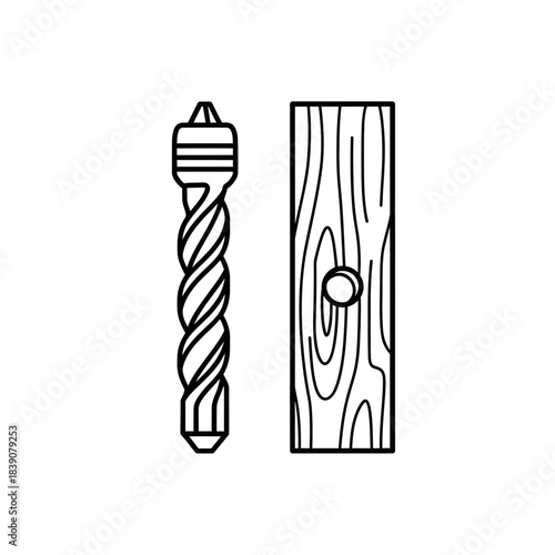 Drill bit penetrating a wooden plank from a front viewpoint