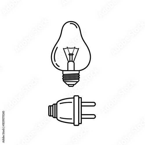 Electricity Concept with Light Bulb and Plug Illustration, Technology, Graphic Design, Minimalist White Background, Front View