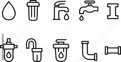 Water faucet and filtration icons set. Drops, taps, eco water filters, plumbing outline symbols