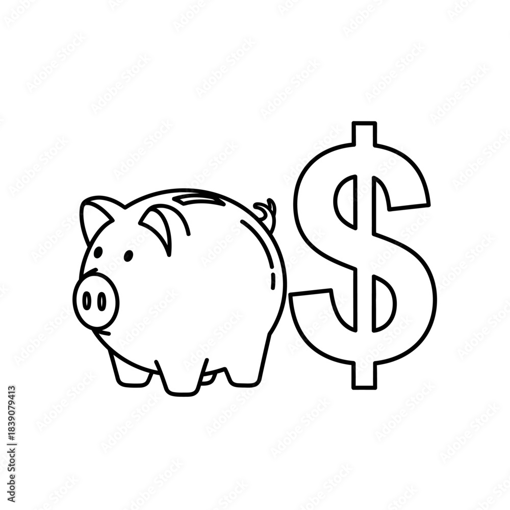 Obraz premium Finance piggy bank and dollar sign illustration, saving money concept, simple black outline graphic design